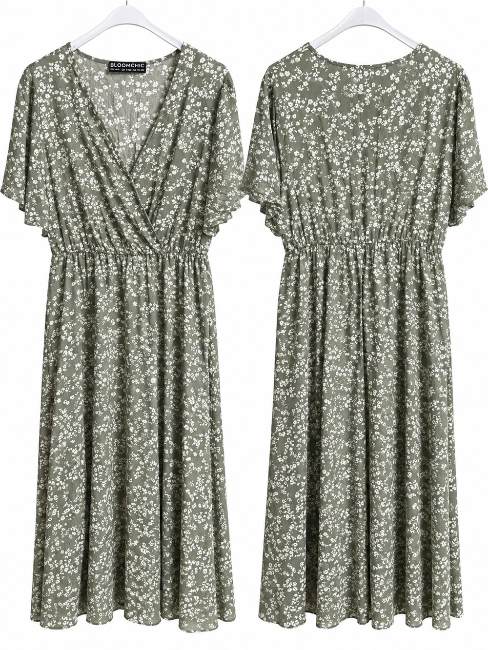 BloomChic Olive Green Floral Wrap Midi Dress